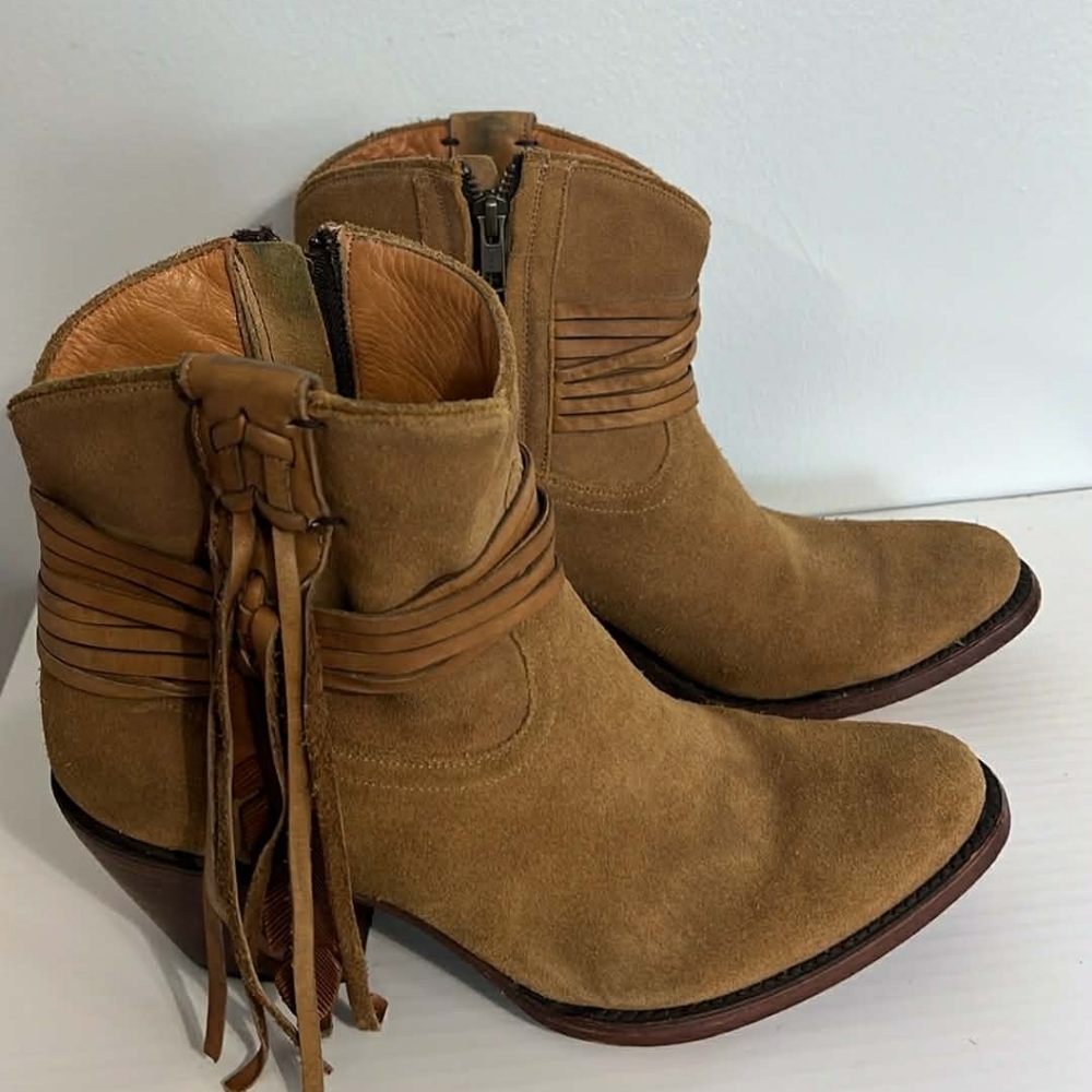 Lucchese Tan Suede Ankle Boots with Fringe